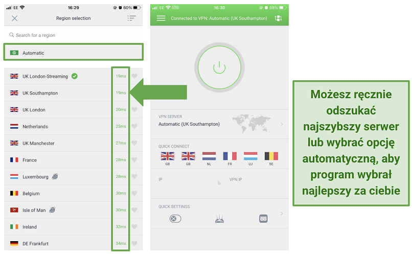 Screenshot of PIA's iOS app showing the latency of each server