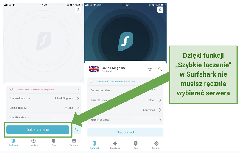 Screenshot of Surfshark's iOS app highlighting the Quick-connect feature