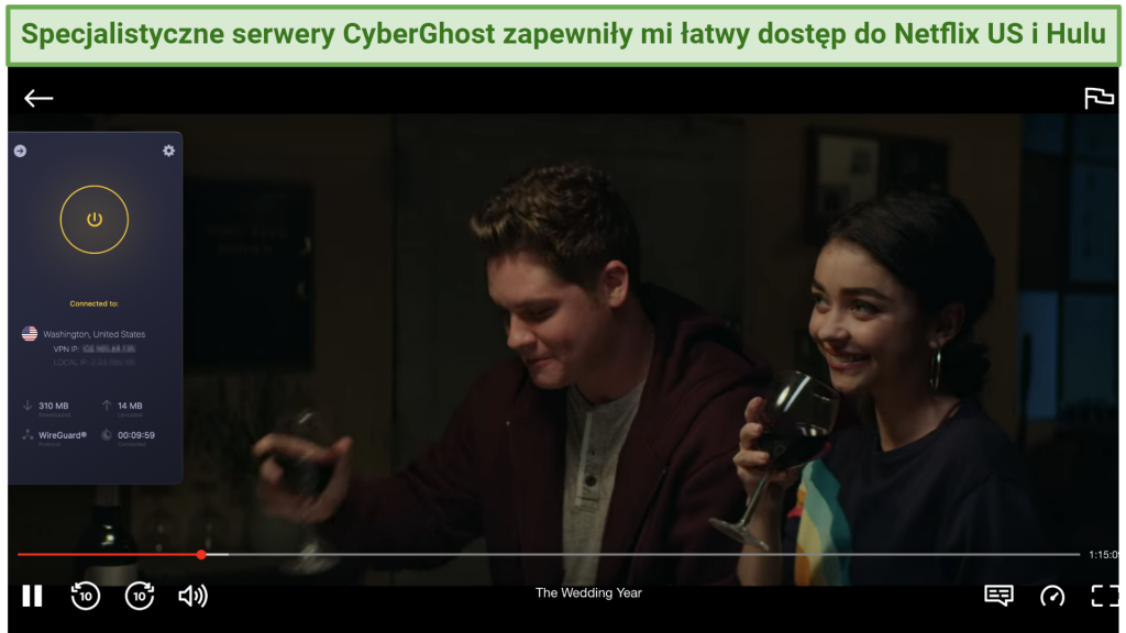 Screenshot showing the CyberGhost app connected to a US server over a browser streaming Netflix