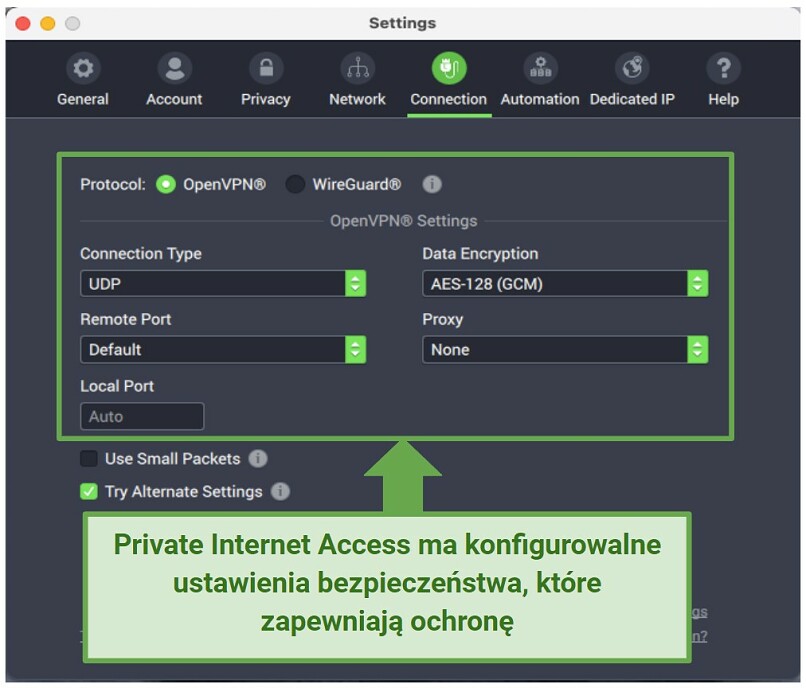 Graphic showing PIA security settings