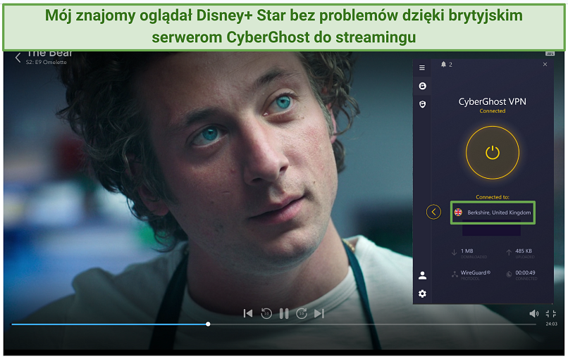 Screenshot of CyberGhost's Disney+ UK Berkshire Optimized server streaming The Bear on Star