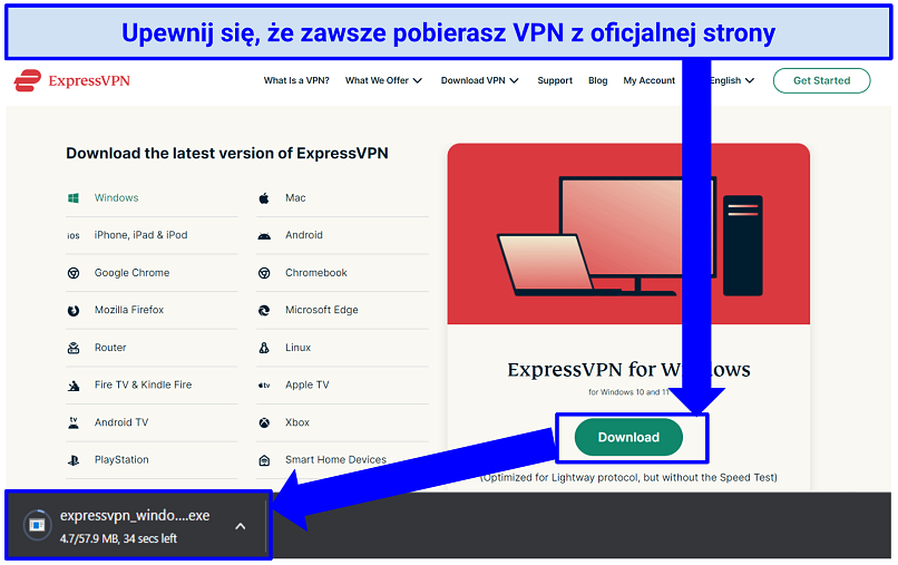 A screenshot showing how to download ExpressVPN