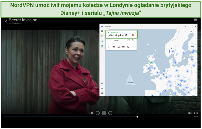 Screenshot of NordVPN's UK servers working with Disney+ to stream Secret Invasion