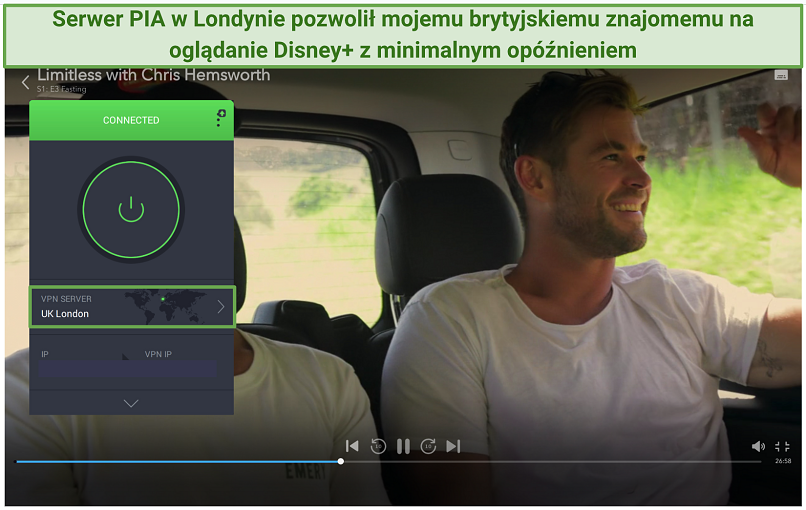 Screenshot of PIA's streaming servers working with Disney+ UK