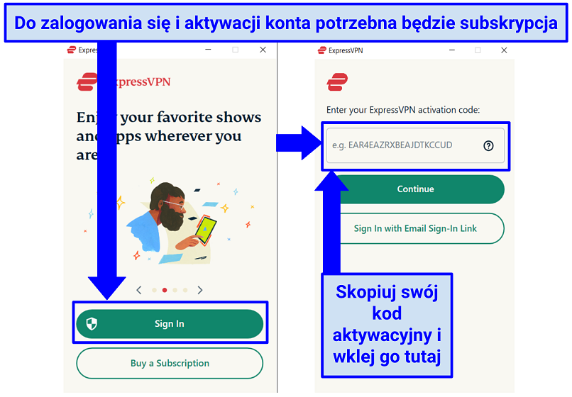 A screenshot showing how to paste the activation code into the ExpressVPN desktop app