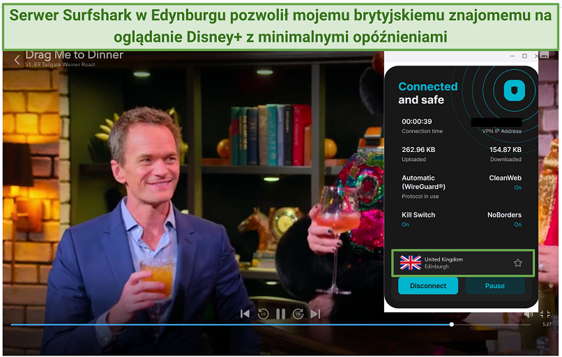 Screenshot of Surfshark working with Disney+ UK on its Edinburgh server