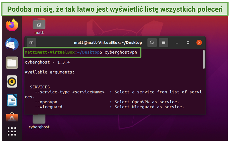 Screenshot of Cyberghost CLI on Linux displaying the available arguments