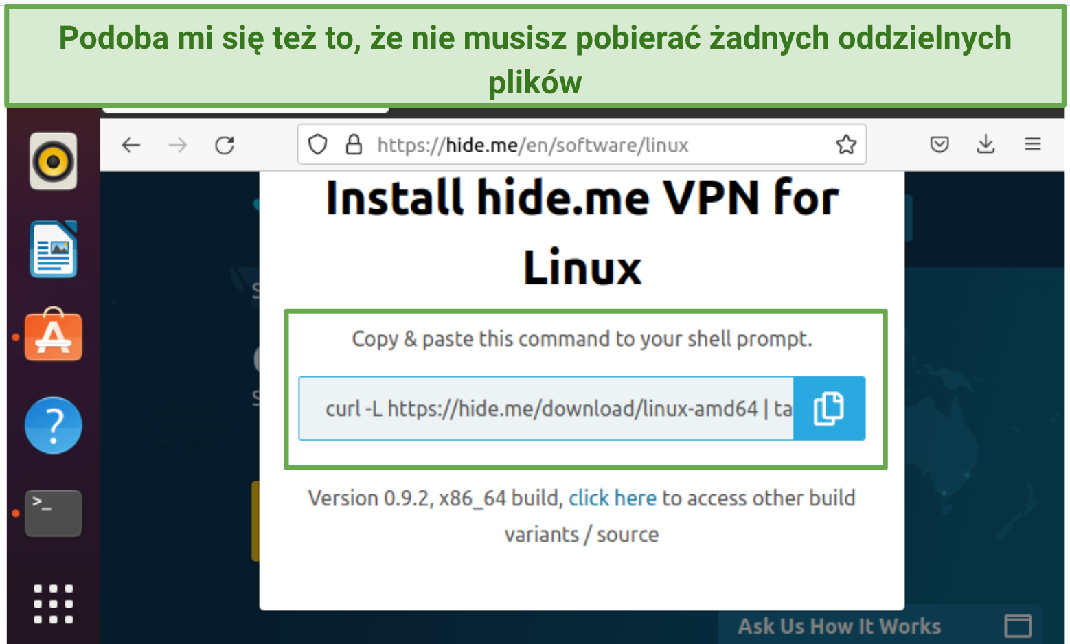 Screenshot of hideme's installation guide for Linux