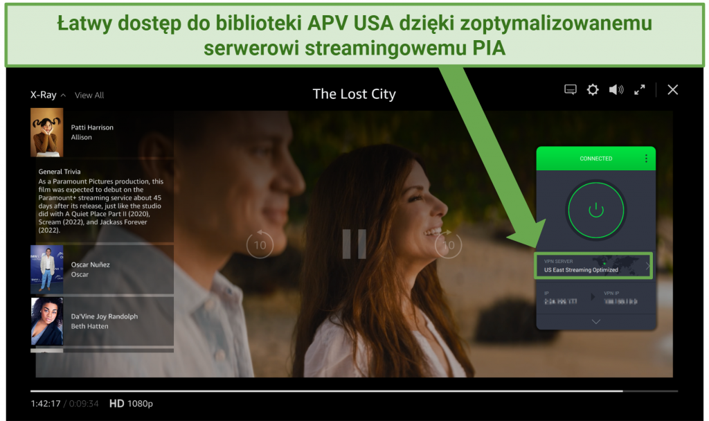 Screenshot showing the PIA app connected to a streaming optimized server over a web browser streaming video on APV