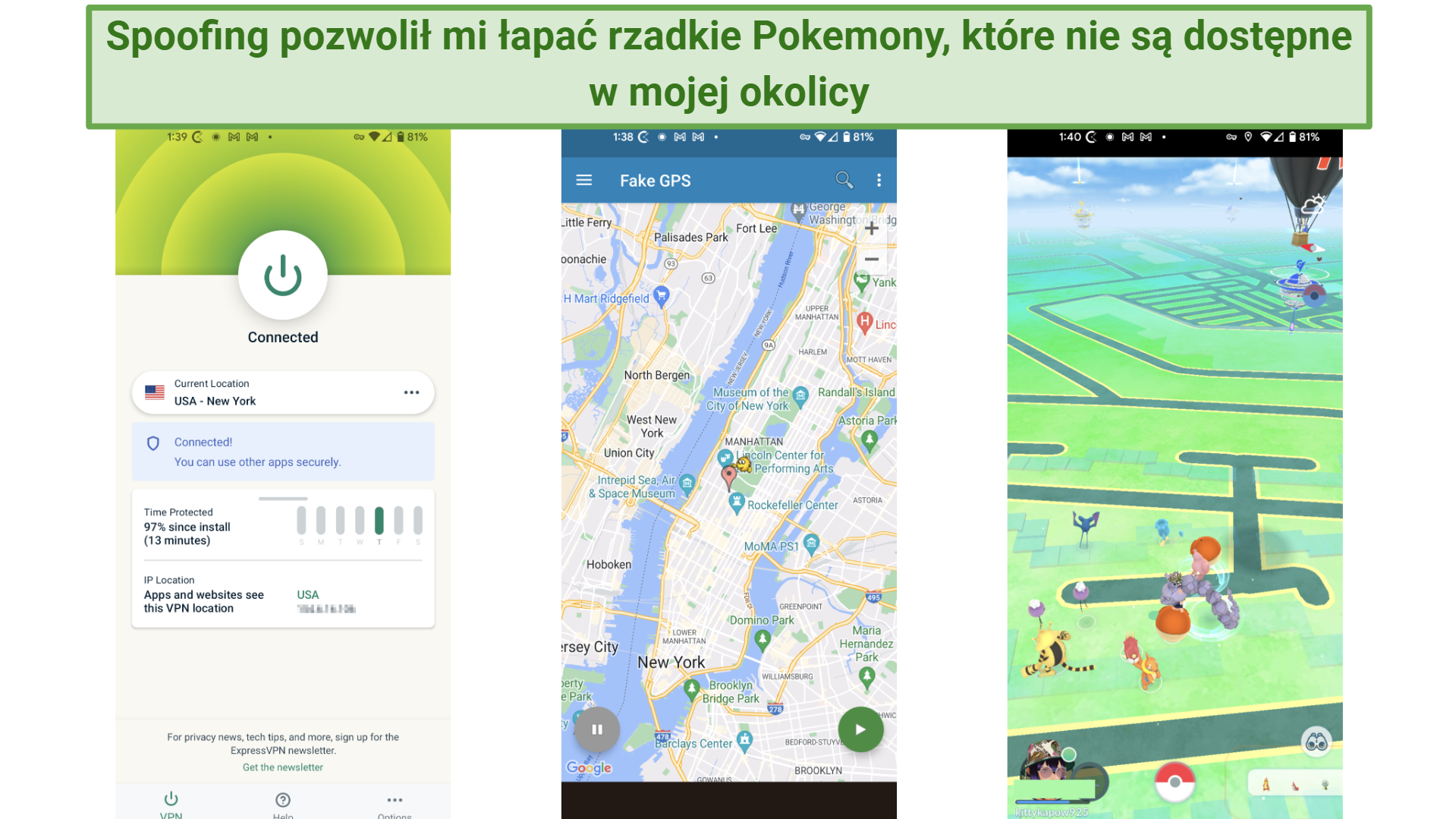 A screenshot showing a Pokemon GO gameplay with location spoofed on Android