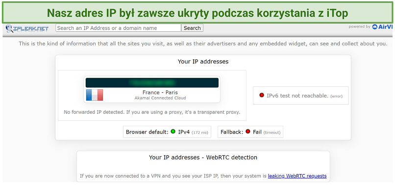 A screenshot of IP leak test results showing iTop protecting my IP address