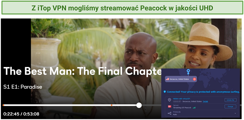 Screenshot of Peacock player streaming The Best Man: The Final Chapter while connected to iTop VPN