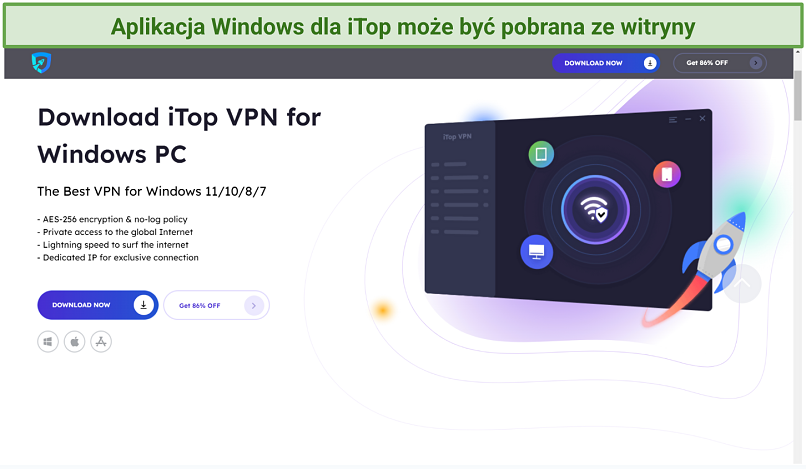 Screenshot of iTop VPN's download page highlighting the Windows section