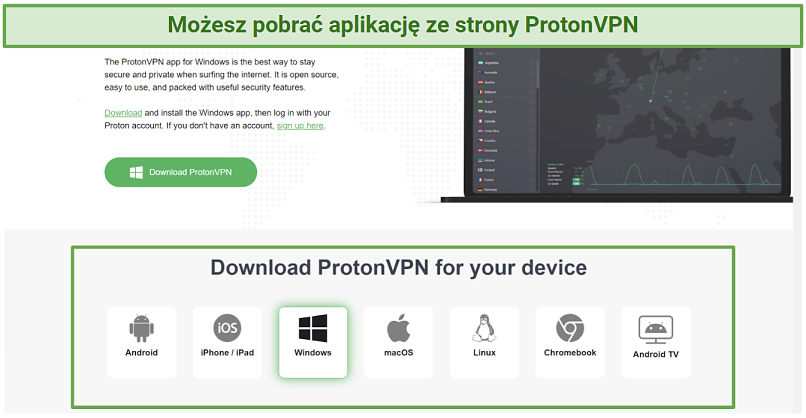 Screenshot of Proton VPN's website showing download page 