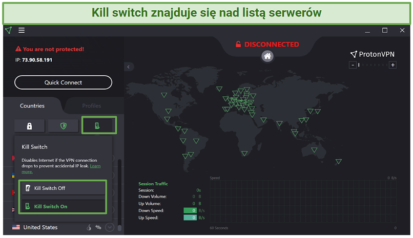 Screenshot of the Proton VPN UI showing where to find the kill switch