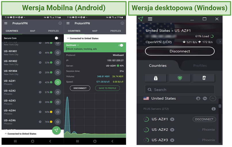 Screenshot of Proton VPN UIs for Windows and Android devices