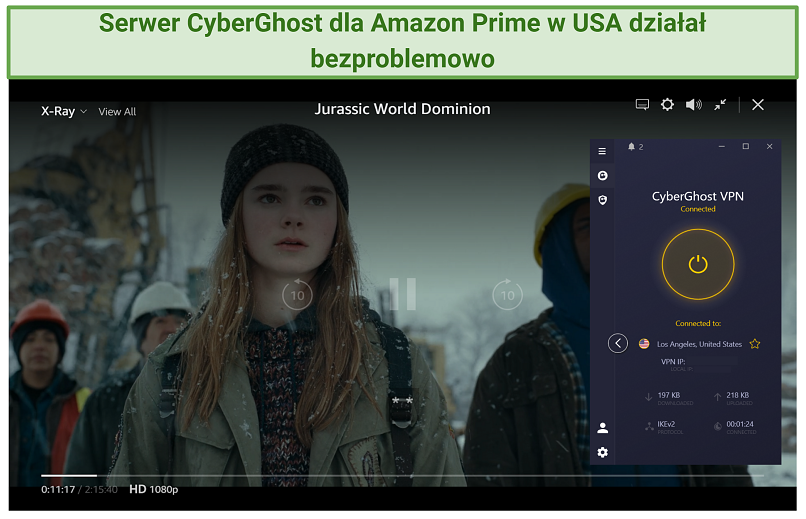 Screenshot of Jurassic World Dominion streaming on Prime Vide US with CyberGhost connected