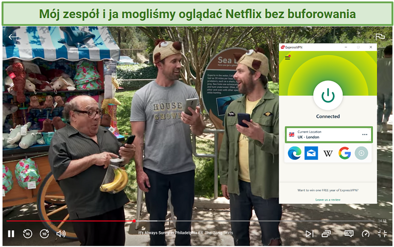 Screenshot of Netflix player streaming It 's Always Sunny in Philadelphia while connected to ExpressVPN' s UK London server