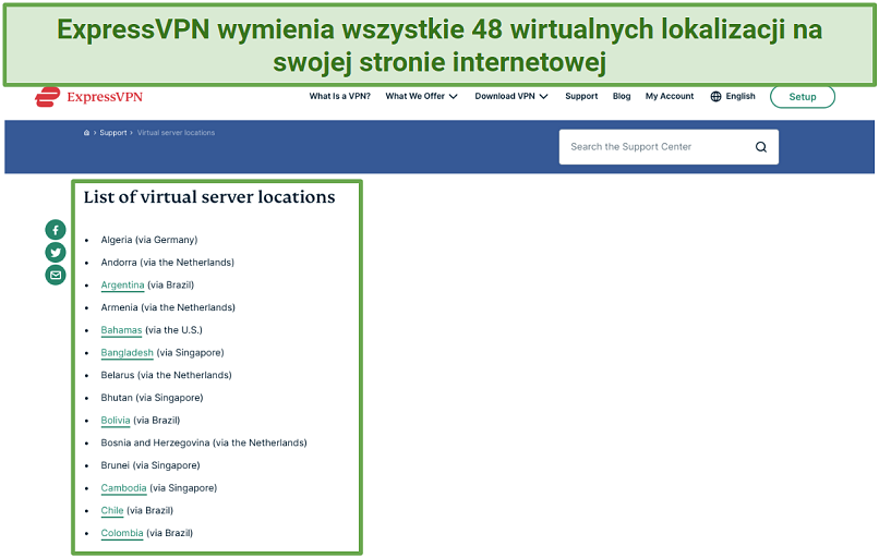 Screenshot of the Virtual server list on ExpressVPN's website