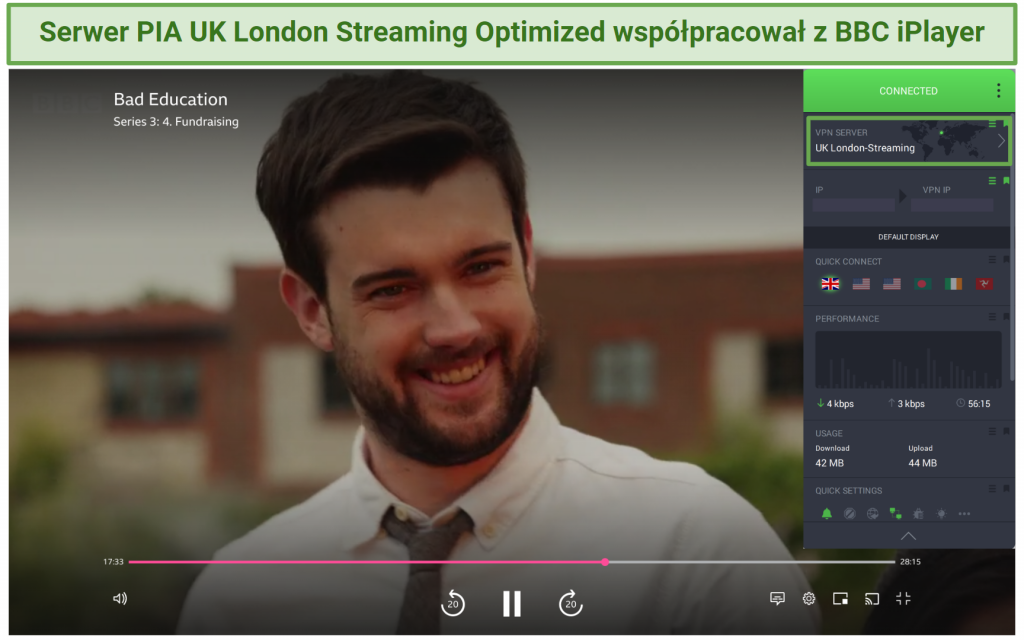 Screenshot of BBC iPlayer streaming Bad Education while connected to PIA