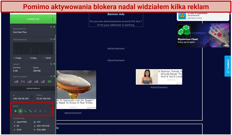 Screenshot of Can You Block It? site accessed while connected to Private Internet Access with MACE ad-blocker activated