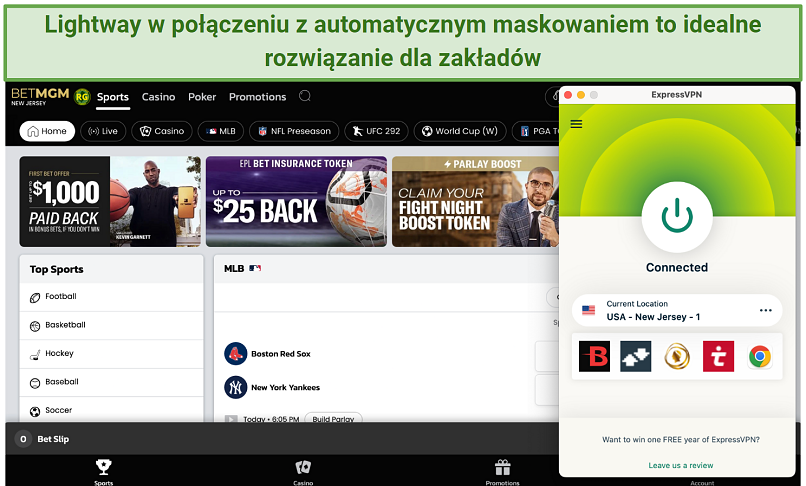 Screenshot of the ExpressVPN app connected to a server in New Jersey, over a browser displaying BetMGM