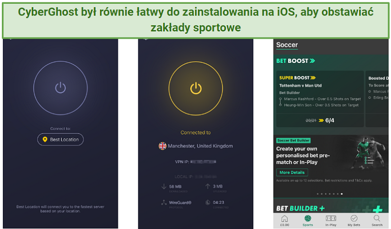 Screenshot of the CyberGhost app and bet365 on an iPhone