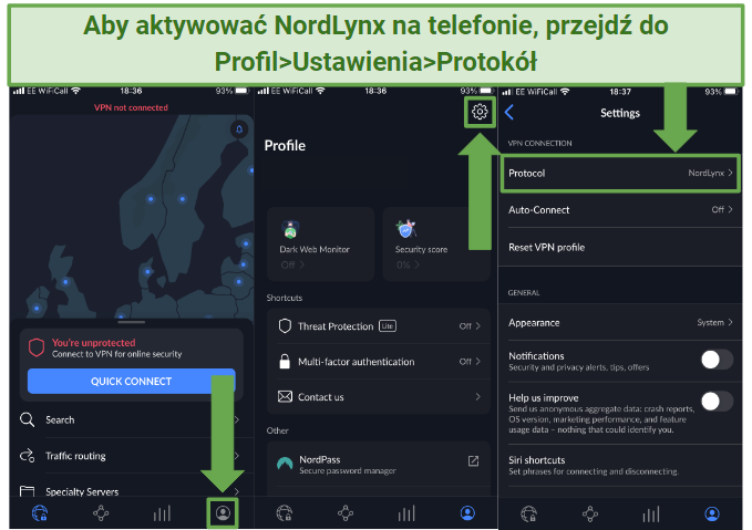 Screenshot showing how to activate the proprietary NordLynx protocol on mobile devices