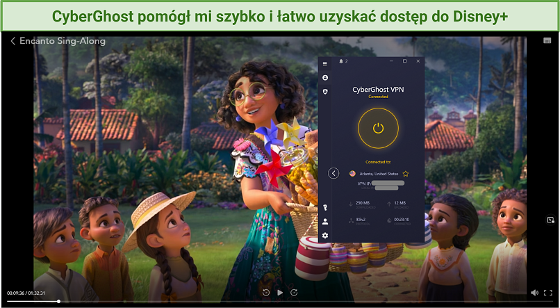 Zrzut ekranu przedstawiający dostęp CyberGhost do Disney+ i odtwarzanie filmu Encanto Sing-Along.