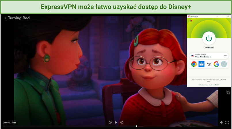 Zrzut ekranu przedstawiający dostęp ExpressVPN do Disney+ i odtwarzanie filmu To nie wypanda.