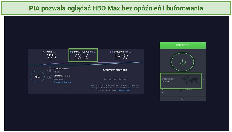 Graphic showing PIA connected to a fast Poland server