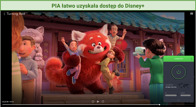 Zrzut ekranu przedstawiający dostęp Private Internet Access VPN do Disney+ i odtwarzanie filmu To nie wypanda.