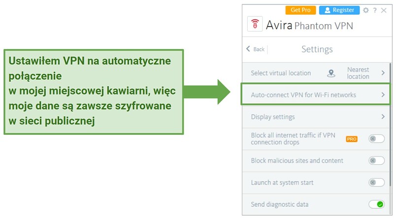 Screenshot of Avira Phantom VPN's app highlighting the auto-connect VPN for WiFi networks feature