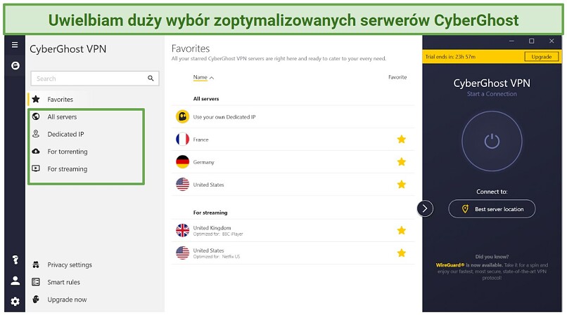 Screenshot of CyberGhost's server network highlighting the optimized server categories