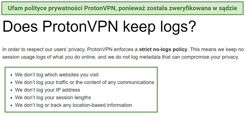 Screenshot of Proton VPN's logging policy highlighting what information it doesn't store