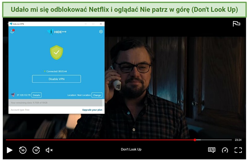 Screenshot of Netflix player streaming Don't Look Up unblocked with hideme's free plan