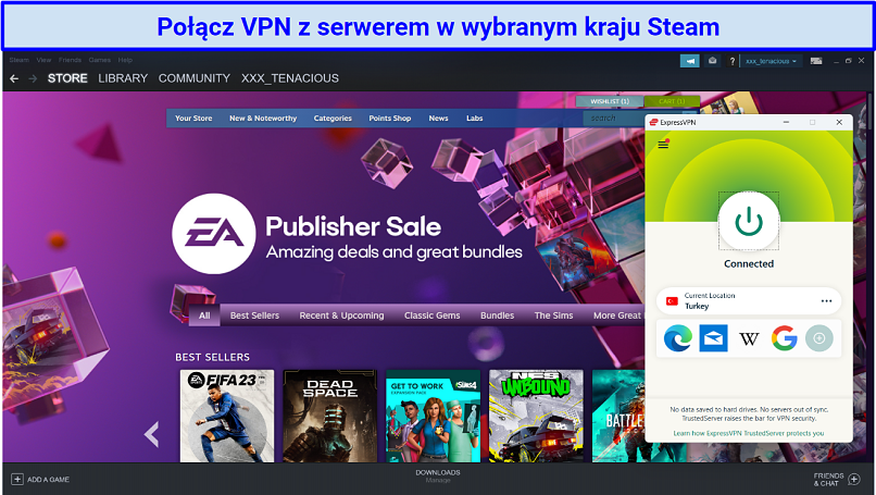 A screenshot showing the Steam store with ExpressVPN connected to a server in Turkey