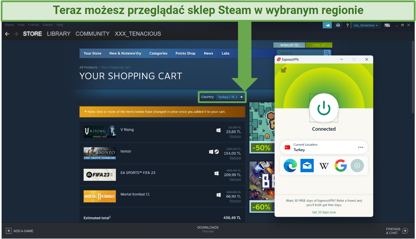 A screenshot showing a Steam store shopping card with the region change applied