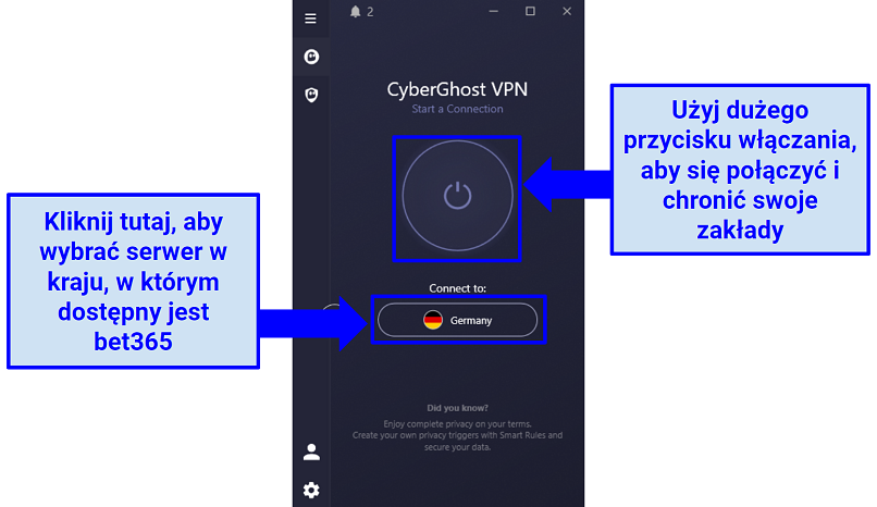 Screenshot of CyberGhost's user interface showing how to choose a server and connect