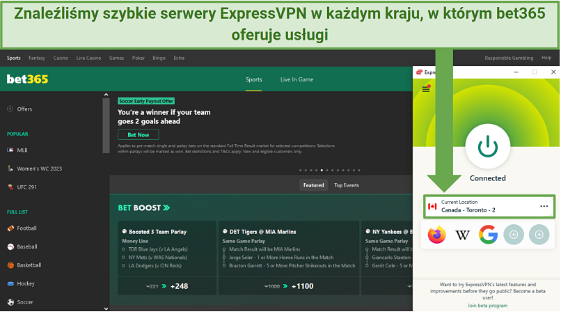 Screenshot of Bet365's homepage while ExpressVPN is connected to a server in Canada