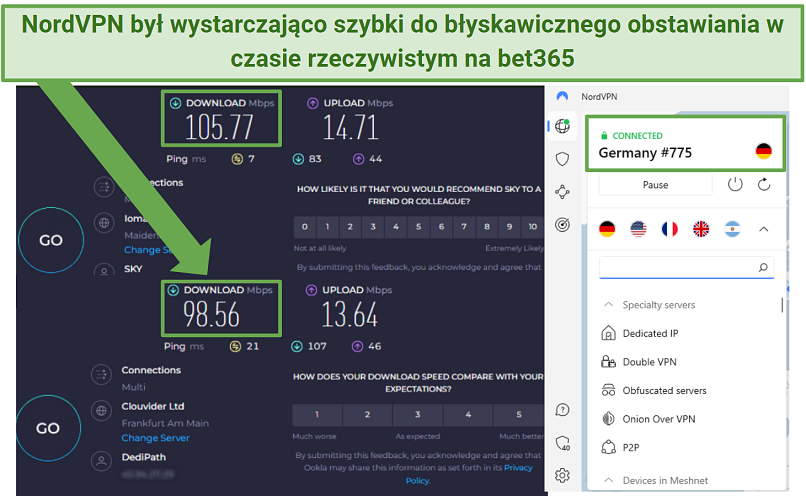 Screenshot of two speed test results showing baseline internet speed compared to speeds while NordVPN is connected to a server in Germany