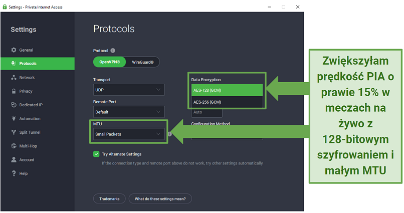 Screenshot of PIA's Protocols settings menu showing 128-bit encryption and small MTU selected