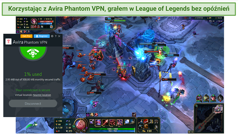 Screenshot of Avira Phantom VPN working with League of Legends