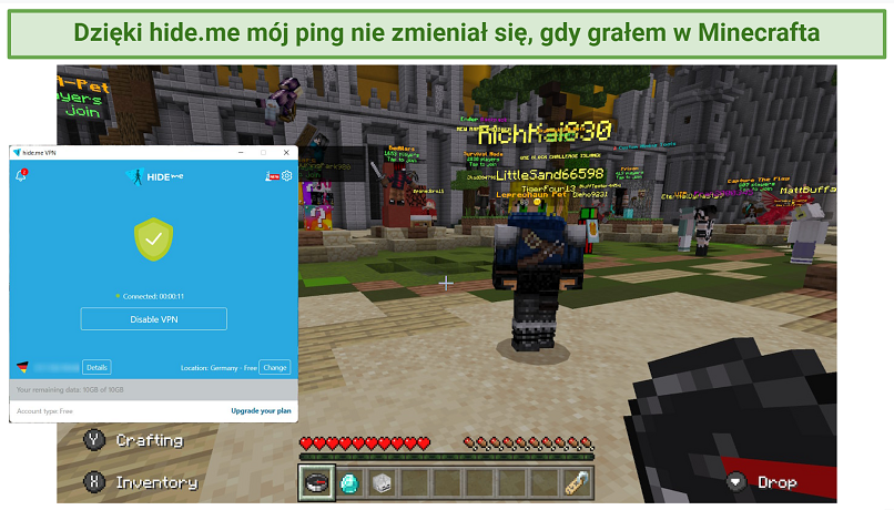 Screenshot of Minecraft working with hideme VPN