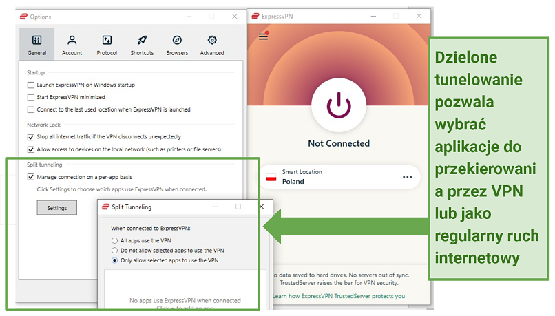 A screenshot of ExpressVPN's split tunneling feature and options for traffic tunneling
