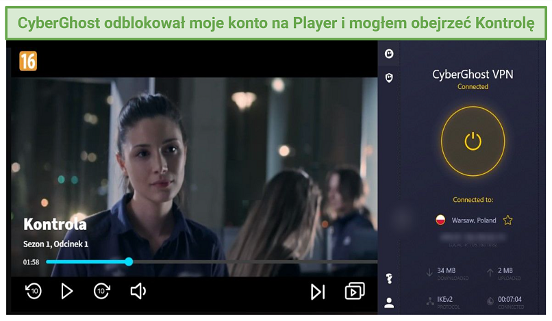 A screenshot of CyberGhost unblocking Kontrola on TVN Player