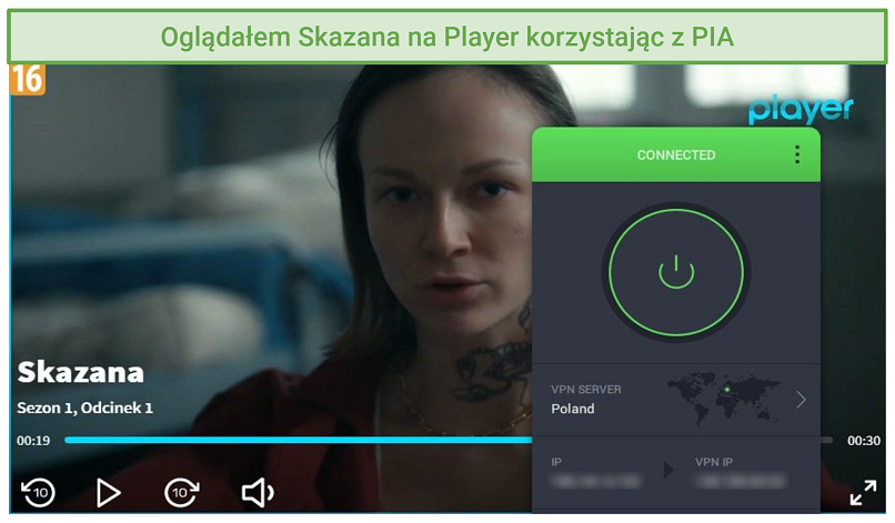 A screenshot of Skazana streaming on Player with PIA