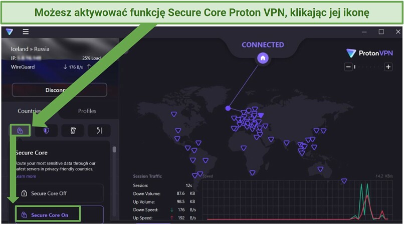 Screenshot showing how to access the secure core feature of ProtonVPN