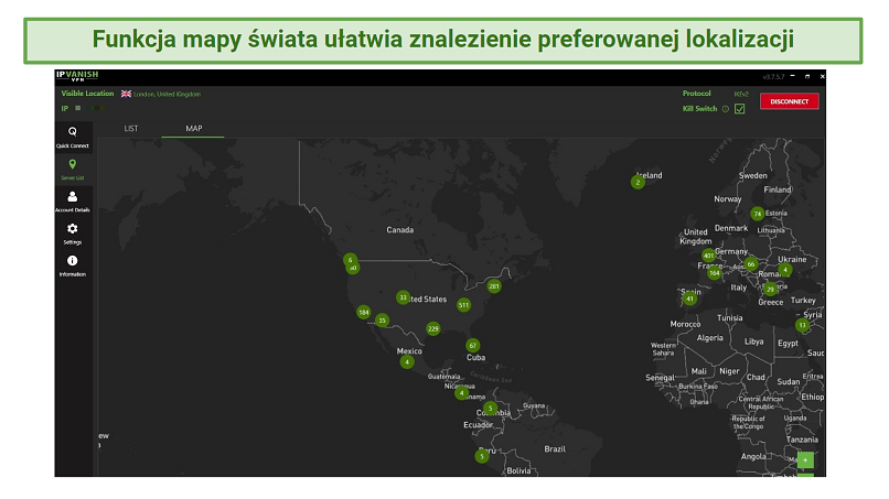 Screenshot of IPVanish's World Map feature