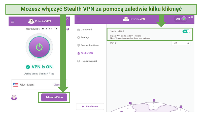 Screenshot showing how to enable PrivateVPN's Stealth VPN